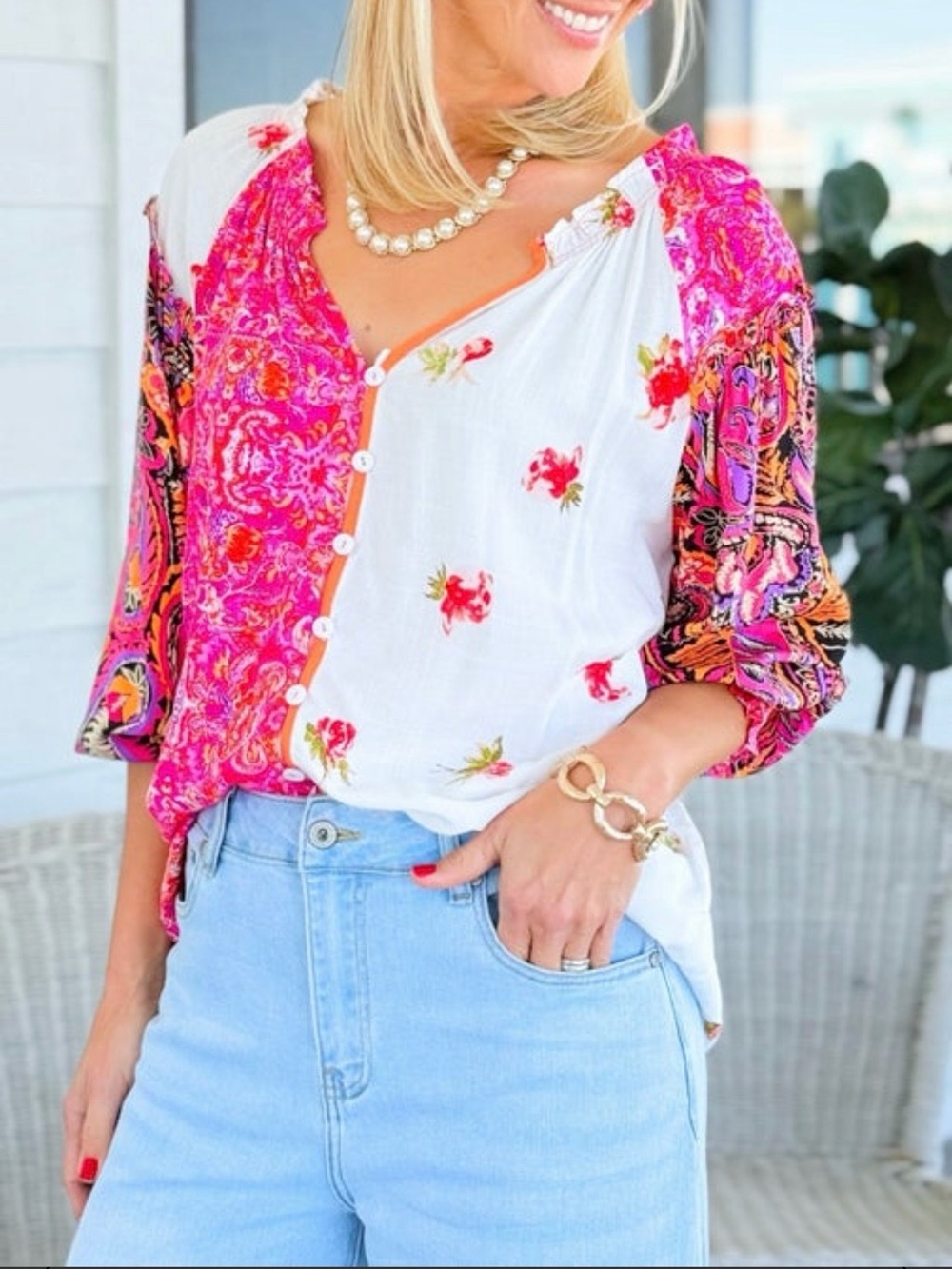 Floral Pink & White Mixed-Print Button Front Blouse